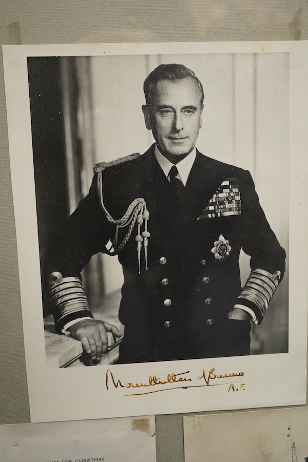 Lord Mountbatten interest; a signed portrait photograph, framed together with a Christmas card signed Louis Mountbatten with a personal note to the recipient; ‘Sorry you missed our last battle’, two naval photographs and